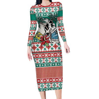 Hawaiian Skull Surfs Long Sleeve Bodycon Dress Mele Kalikimaka Palaka Quilt Pattern - Polynesian Pride