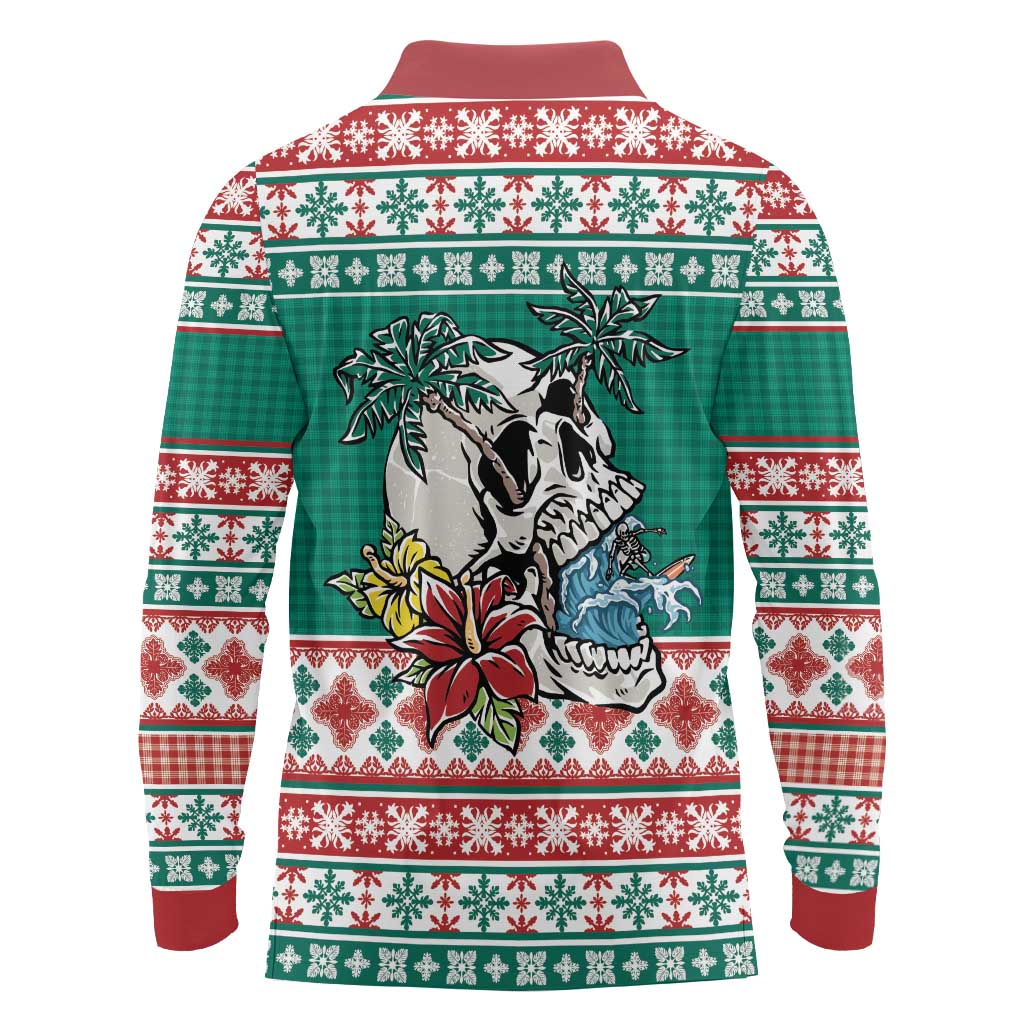 Hawaiian Skull Surfs Long Sleeve Polo Shirt Mele Kalikimaka Palaka Quilt Pattern - Polynesian Pride