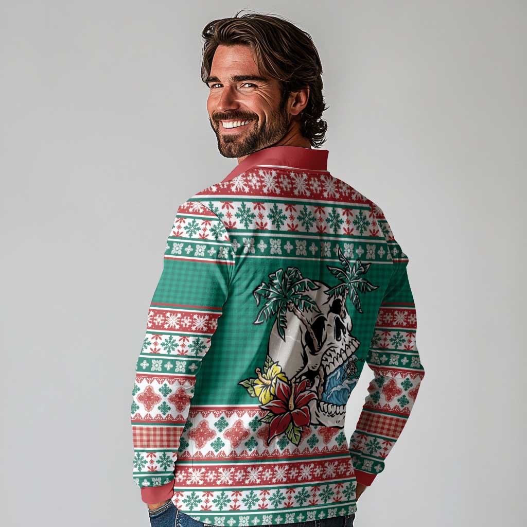 Hawaiian Skull Surfs Long Sleeve Polo Shirt Mele Kalikimaka Palaka Quilt Pattern - Polynesian Pride