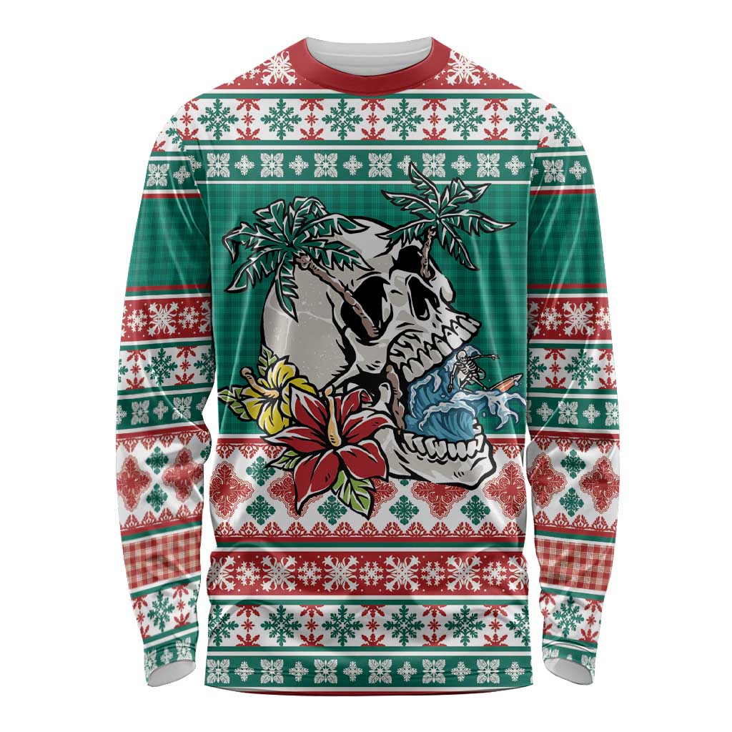 Hawaiian Skull Surfs Long Sleeve Shirt Mele Kalikimaka Palaka Quilt Pattern - Polynesian Pride