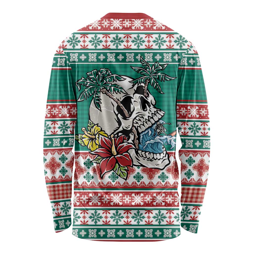 Hawaiian Skull Surfs Long Sleeve Shirt Mele Kalikimaka Palaka Quilt Pattern - Polynesian Pride