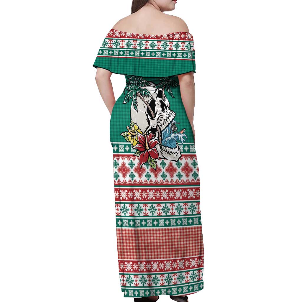Hawaiian Skull Surfs Off Shoulder Maxi Dress Mele Kalikimaka Palaka Quilt Pattern - Polynesian Pride