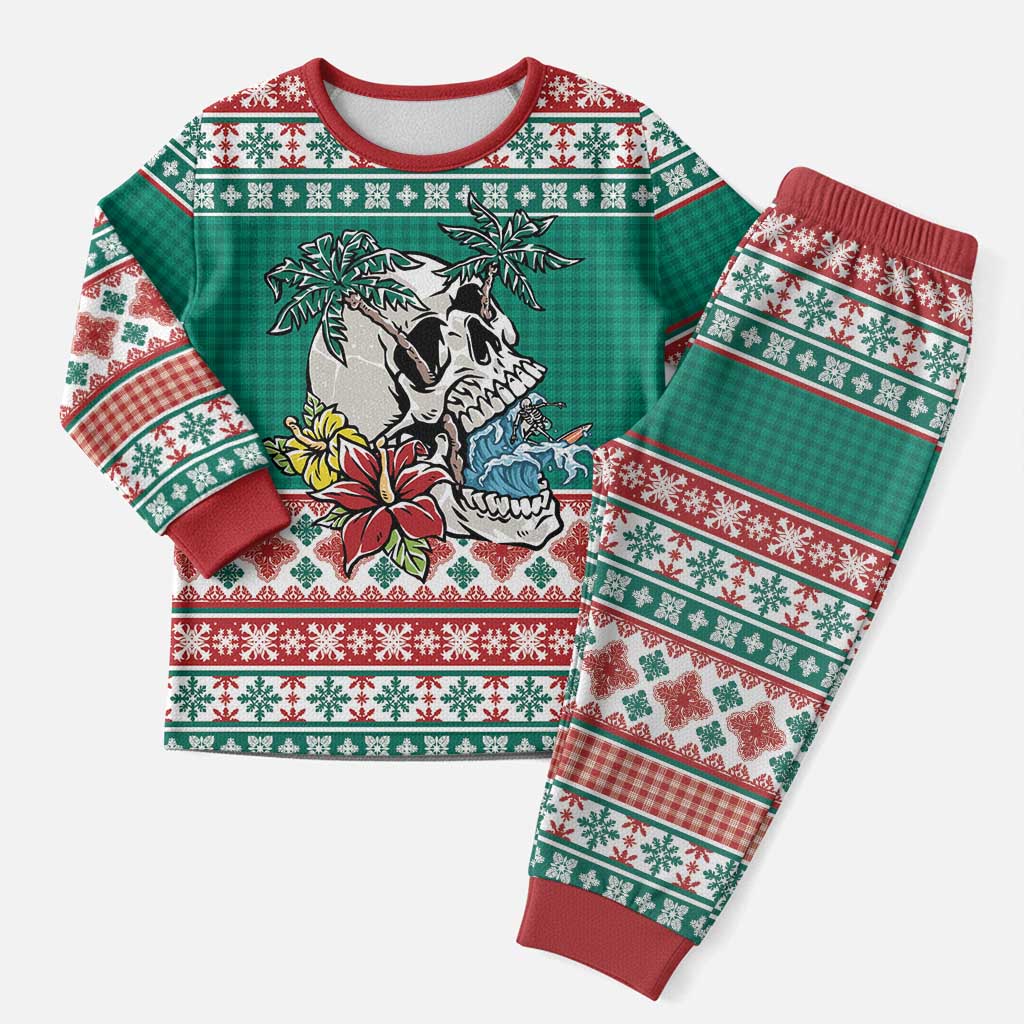 Hawaiian Skull Surfs Christmas Pajama Set Mele Kalikimaka Palaka Quilt Pattern - Polynesian Pride
