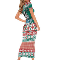 Hawaiian Skull Surfs Short Sleeve Bodycon Dress Mele Kalikimaka Palaka Quilt Pattern - Polynesian Pride