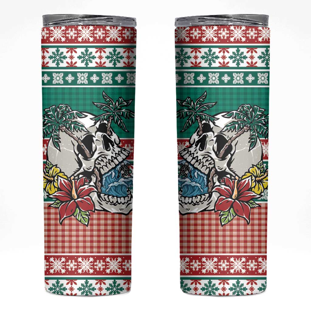 Hawaiian Skull Surfs Skinny Tumbler Mele Kalikimaka Palaka Quilt Pattern - Polynesian Pride