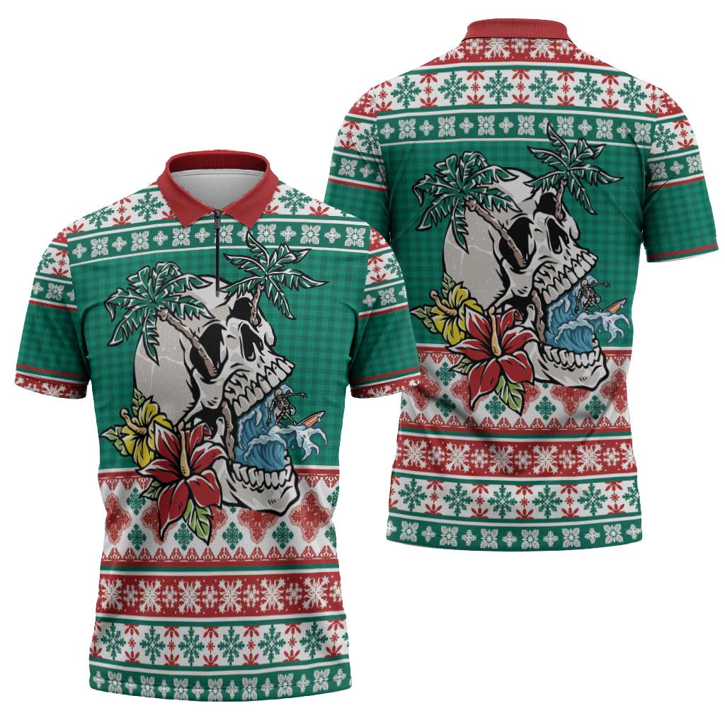 Hawaiian Skull Surfs Zipper Polo Shirt Mele Kalikimaka Palaka Quilt Pattern - Polynesian Pride