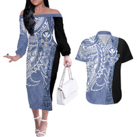 Aloha Vintage Hawaii Tribal Couples Matching Off The Shoulder Long Sleeve Dress and Hawaiian Shirt Blue Style LT9 Blue - Polynesian Pride