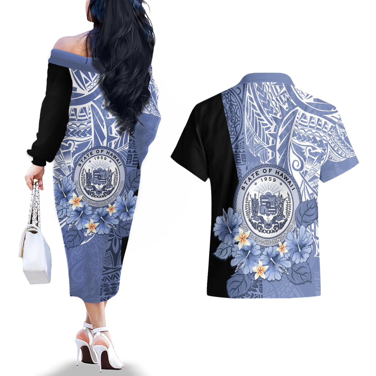 Aloha Vintage Hawaii Tribal Couples Matching Off The Shoulder Long Sleeve Dress and Hawaiian Shirt Blue Style LT9 - Polynesian Pride