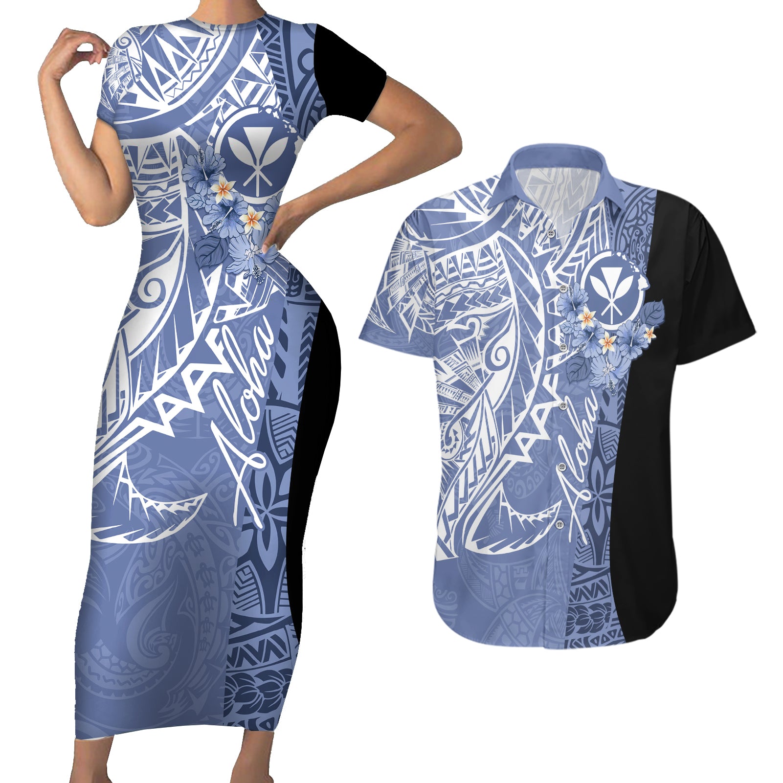 Aloha Vintage Hawaii Tribal Couples Matching Short Sleeve Bodycon Dress and Hawaiian Shirt Blue Style LT9 Blue - Polynesian Pride