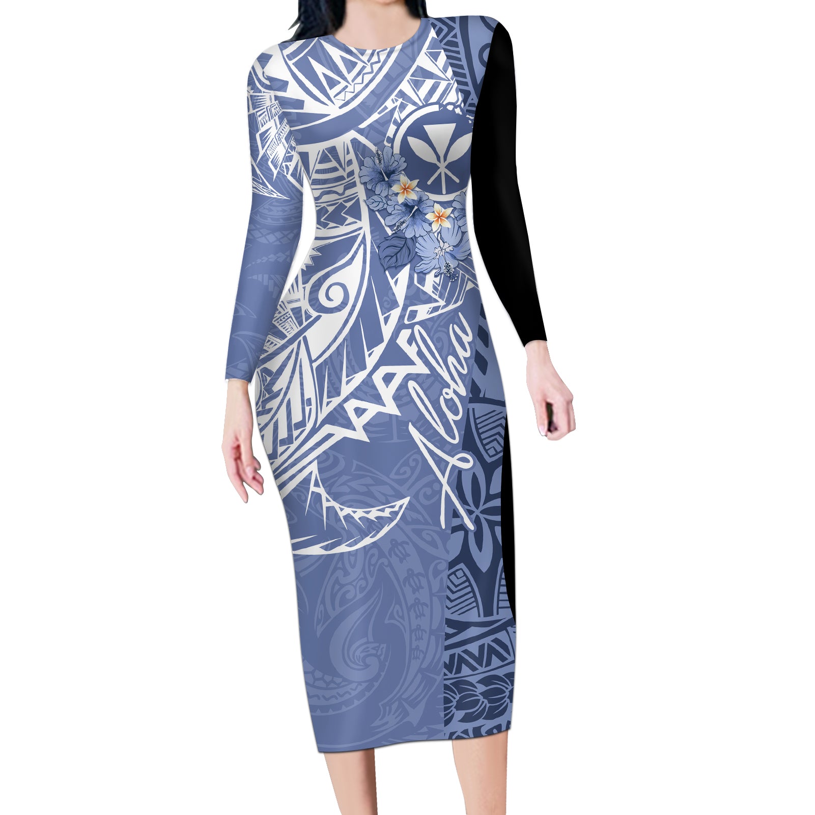 Aloha Vintage Hawaii Tribal Long Sleeve Bodycon Dress Blue Style LT9 Long Dress Blue - Polynesian Pride