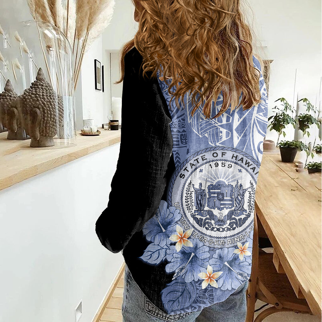 Aloha Vintage Hawaii Tribal Women Casual Shirt Blue Style LT9 - Polynesian Pride