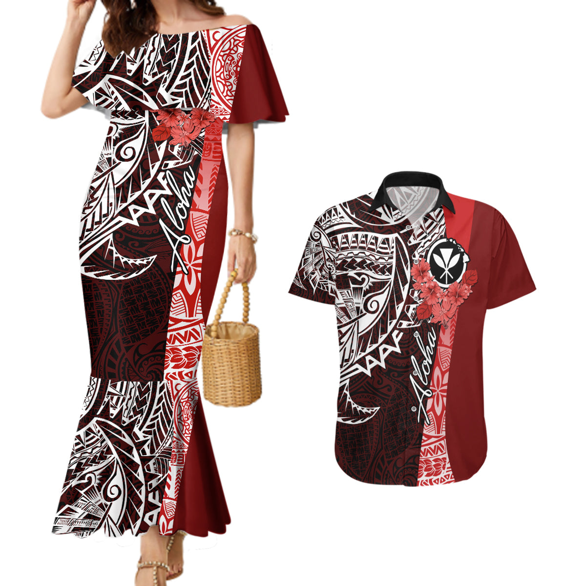Aloha Vintage Hawaii Tribal Couples Matching Mermaid Dress and Hawaiian Shirt Red Style LT9 Red - Polynesian Pride