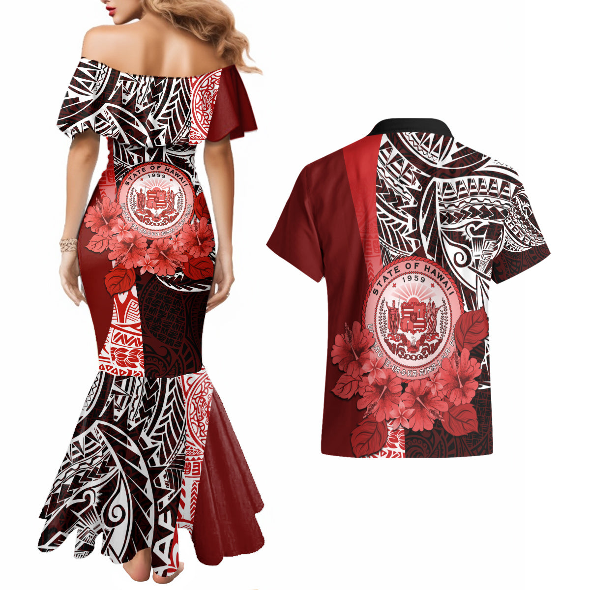 Aloha Vintage Hawaii Tribal Couples Matching Mermaid Dress and Hawaiian Shirt Red Style LT9 - Polynesian Pride