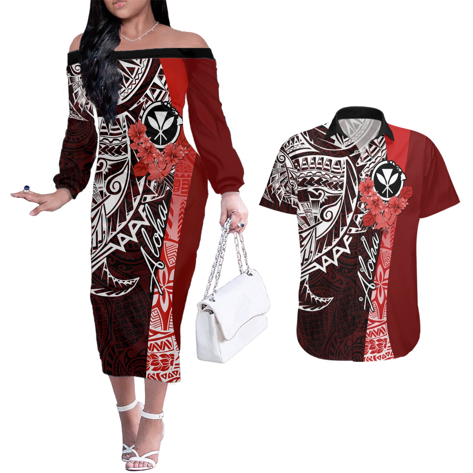 Aloha Vintage Hawaii Tribal Couples Matching Off The Shoulder Long Sleeve Dress and Hawaiian Shirt Red Style LT9 Red - Polynesian Pride