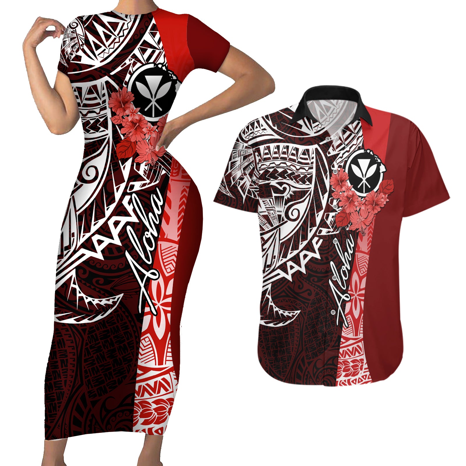 Aloha Vintage Hawaii Tribal Couples Matching Short Sleeve Bodycon Dress and Hawaiian Shirt Red Style LT9 Red - Polynesian Pride