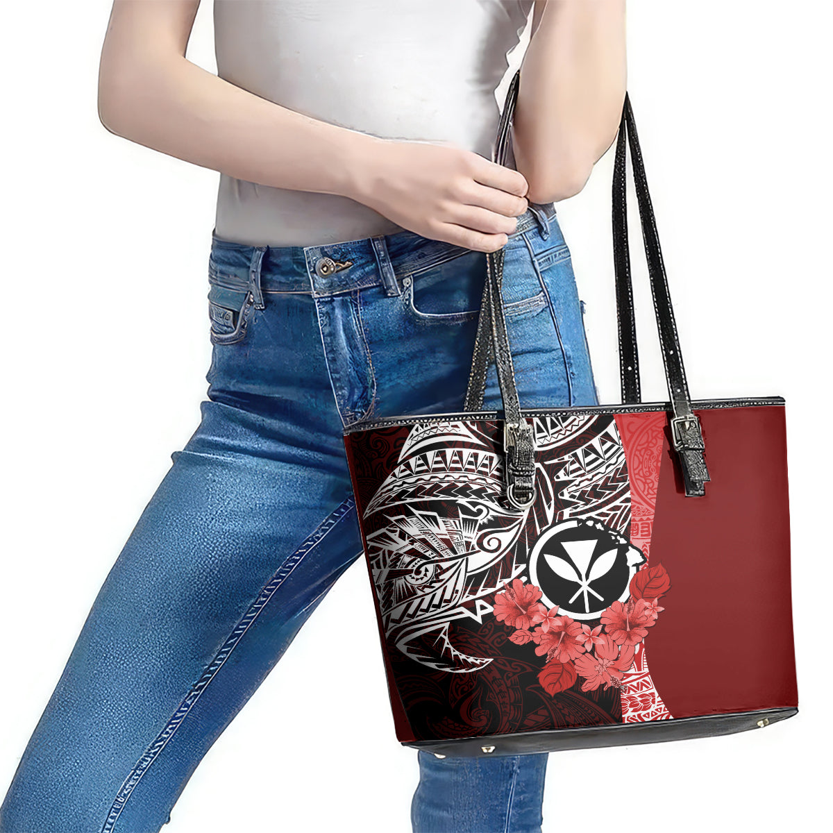 Aloha Vintage Hawaii Tribal Leather Tote Bag Red Style LT9 - Polynesian Pride