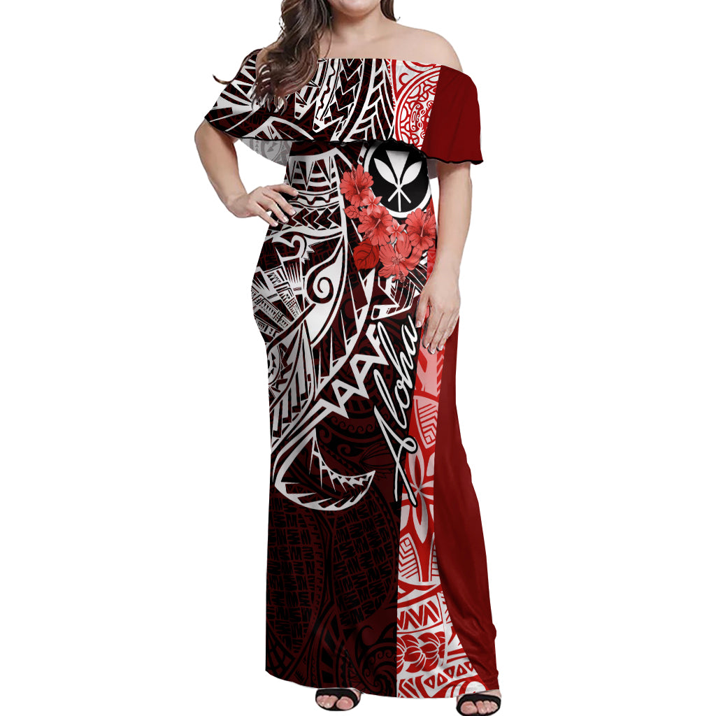 Aloha Vintage Hawaii Tribal Off Shoulder Maxi Dress Red Style LT9 Women Red - Polynesian Pride