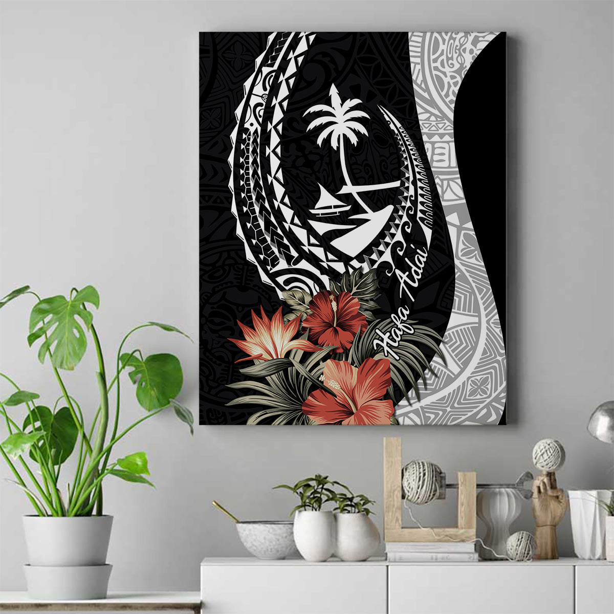 Hafa Adai Guam Canvas Wall Art Tropical Flowers with Polynesian Pattern LT9 Black - Polynesian Pride