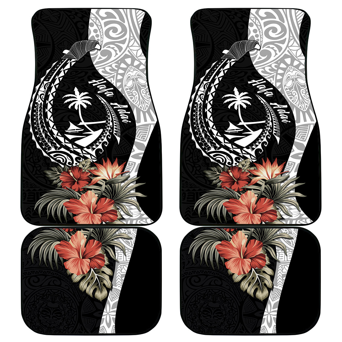 Hafa Adai Guam Car Mats Tropical Flowers with Polynesian Pattern LT9 Black - Polynesian Pride