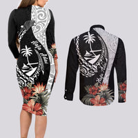 Hafa Adai Guam Couples Matching Long Sleeve Bodycon Dress and Long Sleeve Button Shirt Tropical Flowers with Polynesian Pattern LT9 - Polynesian Pride