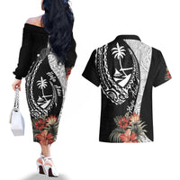 Hafa Adai Guam Couples Matching Off The Shoulder Long Sleeve Dress and Hawaiian Shirt Tropical Flowers with Polynesian Pattern LT9 - Polynesian Pride