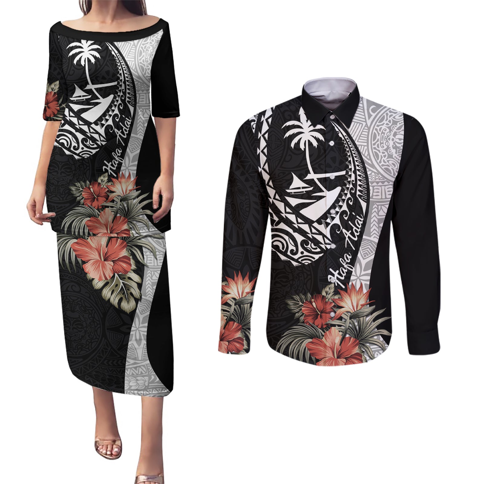 Hafa Adai Guam Couples Matching Puletasi Dress and Long Sleeve Button Shirt Tropical Flowers with Polynesian Pattern LT9 Black - Polynesian Pride