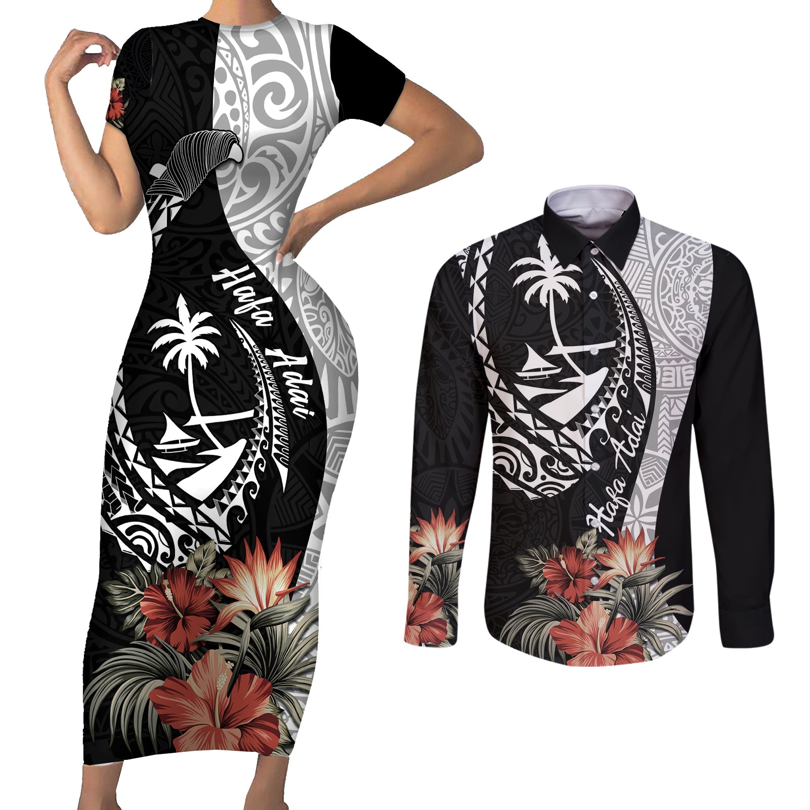 Hafa Adai Guam Couples Matching Short Sleeve Bodycon Dress and Long Sleeve Button Shirt Tropical Flowers with Polynesian Pattern LT9 Black - Polynesian Pride