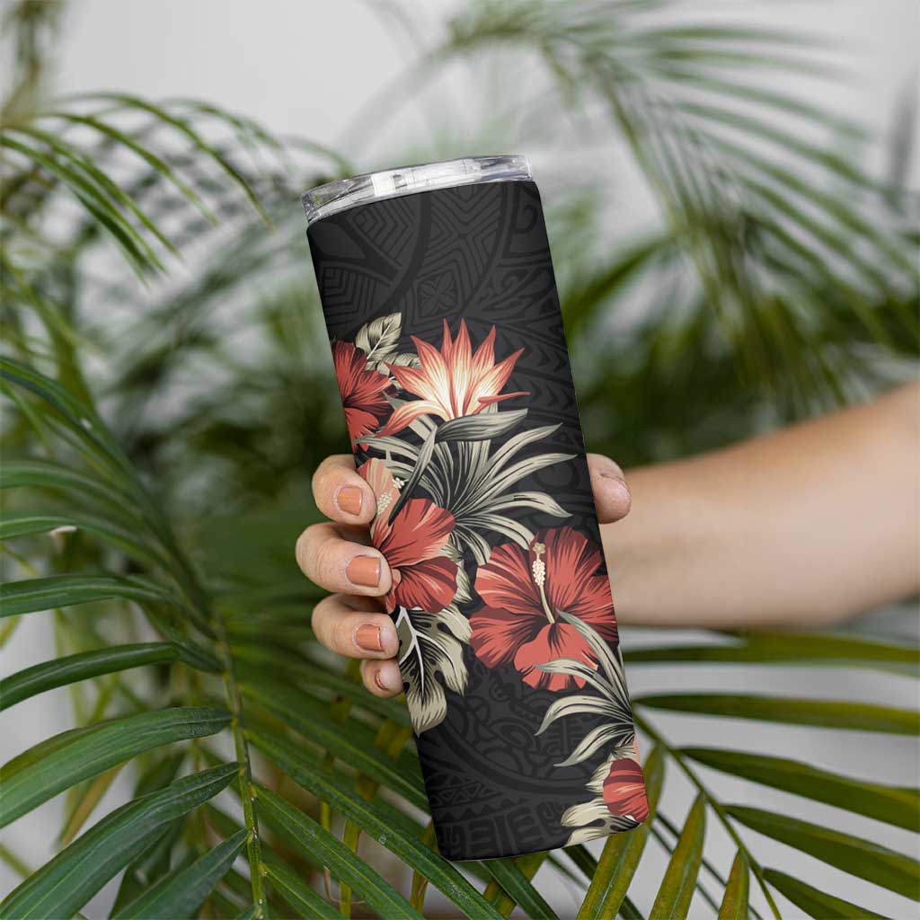 Guam Hafa Adai Skinny Tumbler Tropical Flowers with Polynesian Pattern