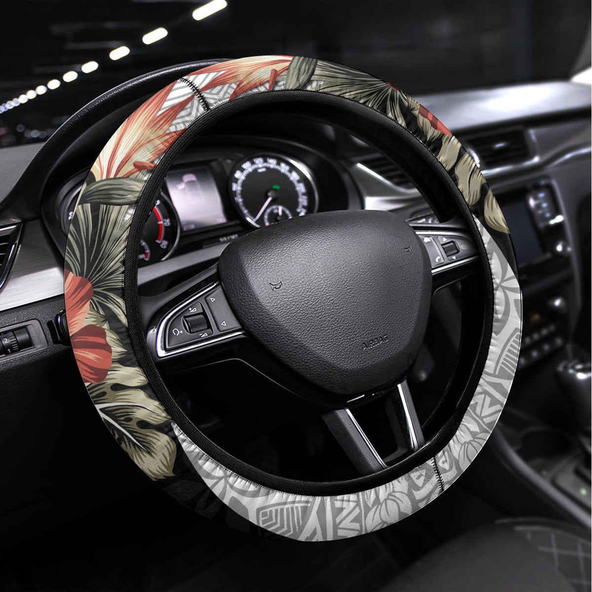 Hafa Adai Guam Steering Wheel Cover Tropical Flowers with Polynesian Pattern LT9 Universal Fit Black - Polynesian Pride