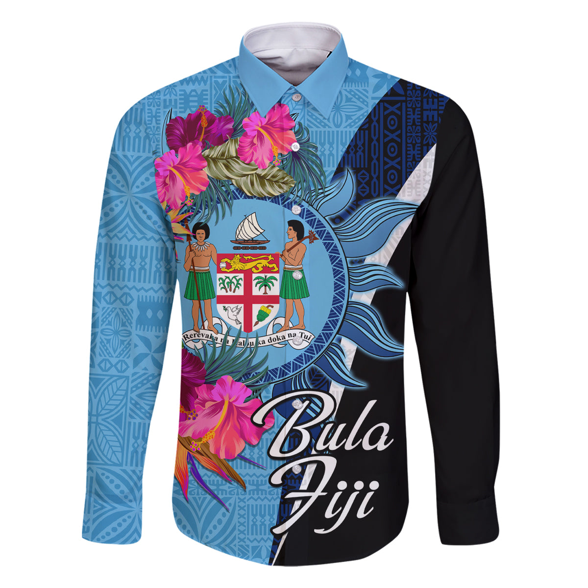 Bula Fiji Vintage Fijian Masi Pattern Family Matching Long Sleeve Bodycon Dress and Hawaiian Shirt Blue Unique LT9 Dad's Shirt - Long Sleeve Blue - Polynesian Pride
