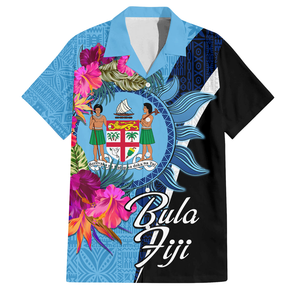 Bula Fiji Vintage Fijian Masi Pattern Family Matching Puletasi Dress and Hawaiian Shirt Blue Unique LT9 Dad's Shirt - Short Sleeve Blue - Polynesian Pride