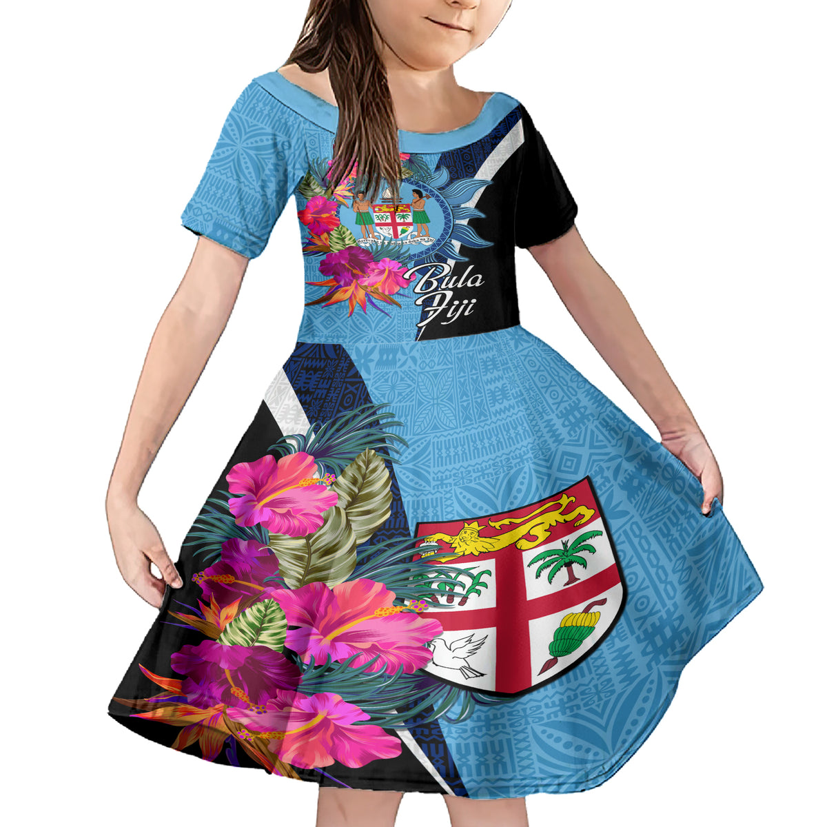 Bula Fiji Vintage Fijian Masi Pattern Family Matching Short Sleeve Bodycon Dress and Hawaiian Shirt Blue Unique LT9 Daughter's Dress Blue - Polynesian Pride