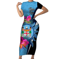 Bula Fiji Vintage Fijian Masi Pattern Family Matching Short Sleeve Bodycon Dress and Hawaiian Shirt Blue Unique LT9 Mom's Dress Blue - Polynesian Pride