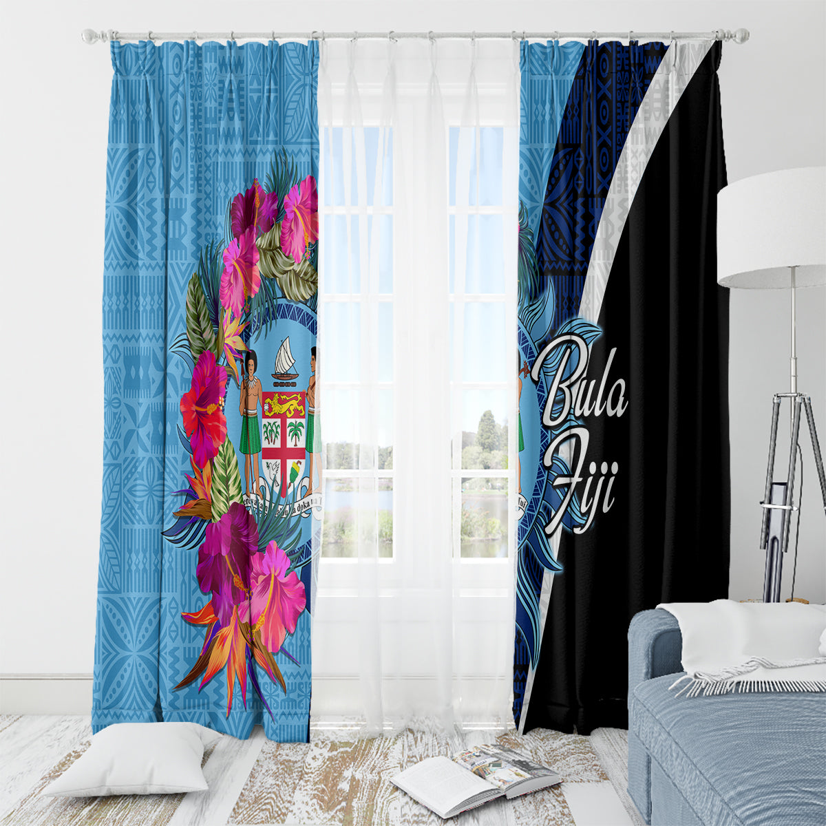 Bula Fiji Vintage Fijian Masi Pattern Window Curtain Blue Unique LT9 - Polynesian Pride