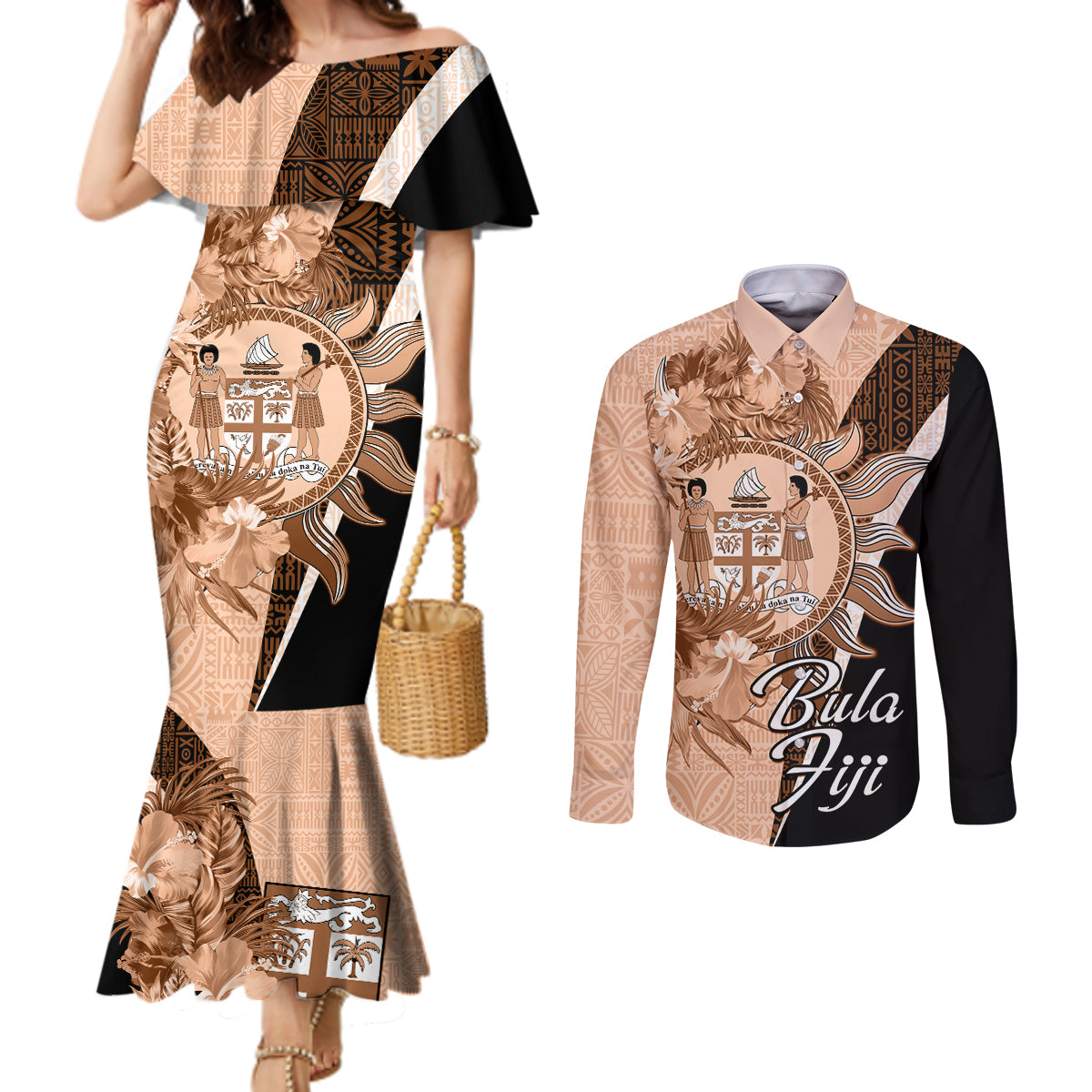 Bula Fiji Vintage Fijian Masi Pattern Couples Matching Mermaid Dress and Long Sleeve Button Shirt Peach Fuzz Unique LT9 Peach Fuzz - Polynesian Pride