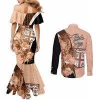Bula Fiji Vintage Fijian Masi Pattern Couples Matching Mermaid Dress and Long Sleeve Button Shirt Peach Fuzz Unique LT9 - Polynesian Pride