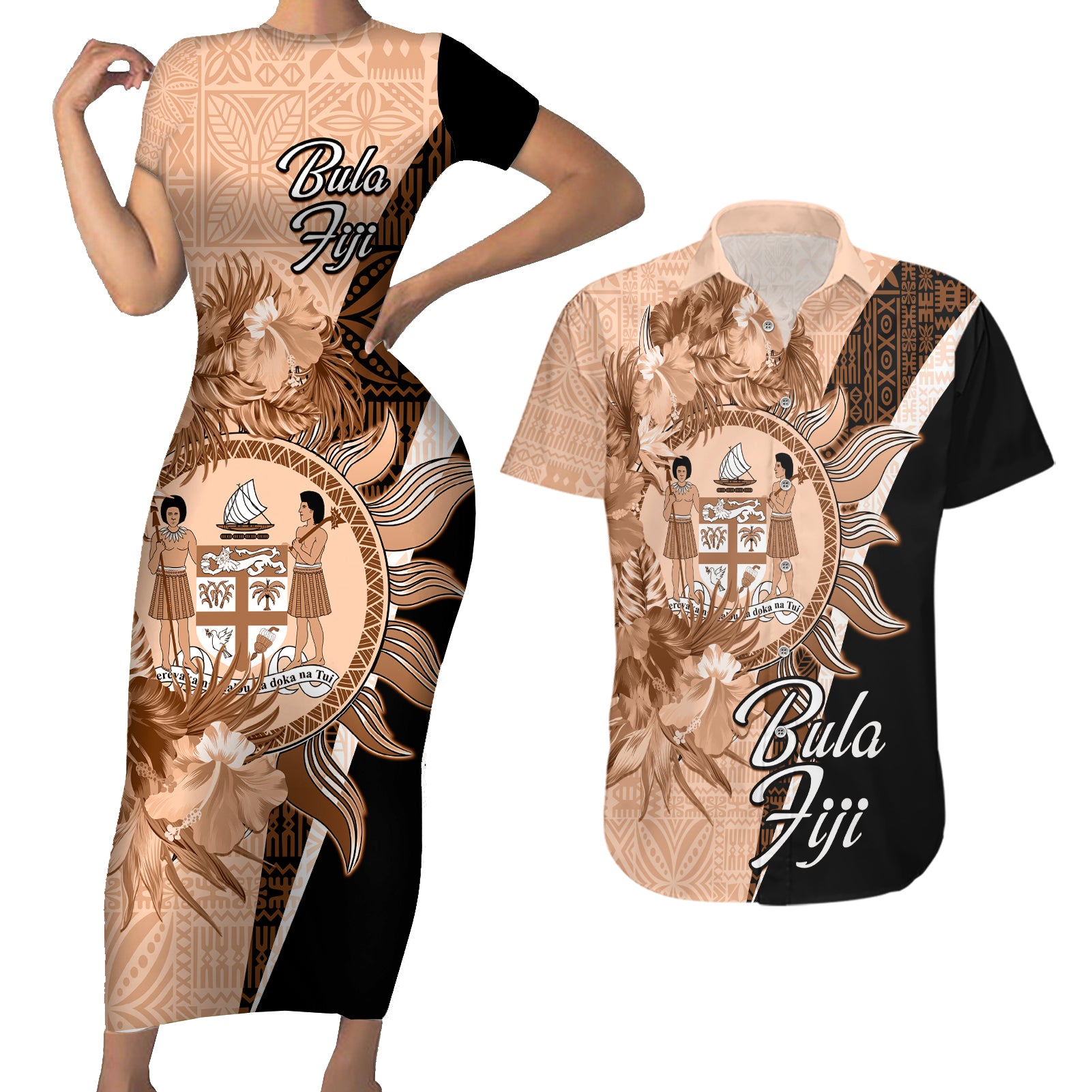 Bula Fiji Vintage Fijian Masi Pattern Couples Matching Short Sleeve Bodycon Dress and Hawaiian Shirt Peach Fuzz Unique LT9 Peach Fuzz - Polynesian Pride