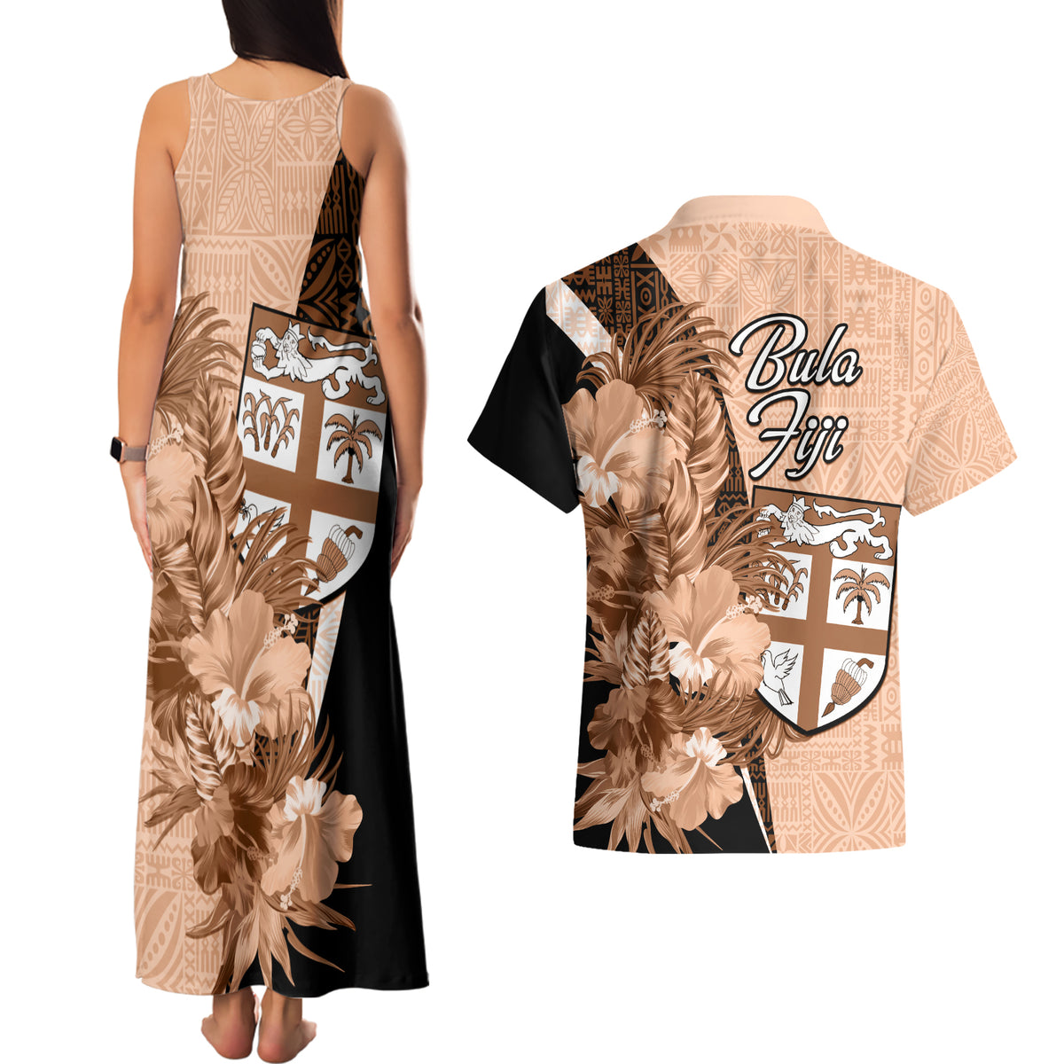 Bula Fiji Vintage Fijian Masi Pattern Couples Matching Tank Maxi Dress and Hawaiian Shirt Peach Fuzz Unique LT9 - Polynesian Pride