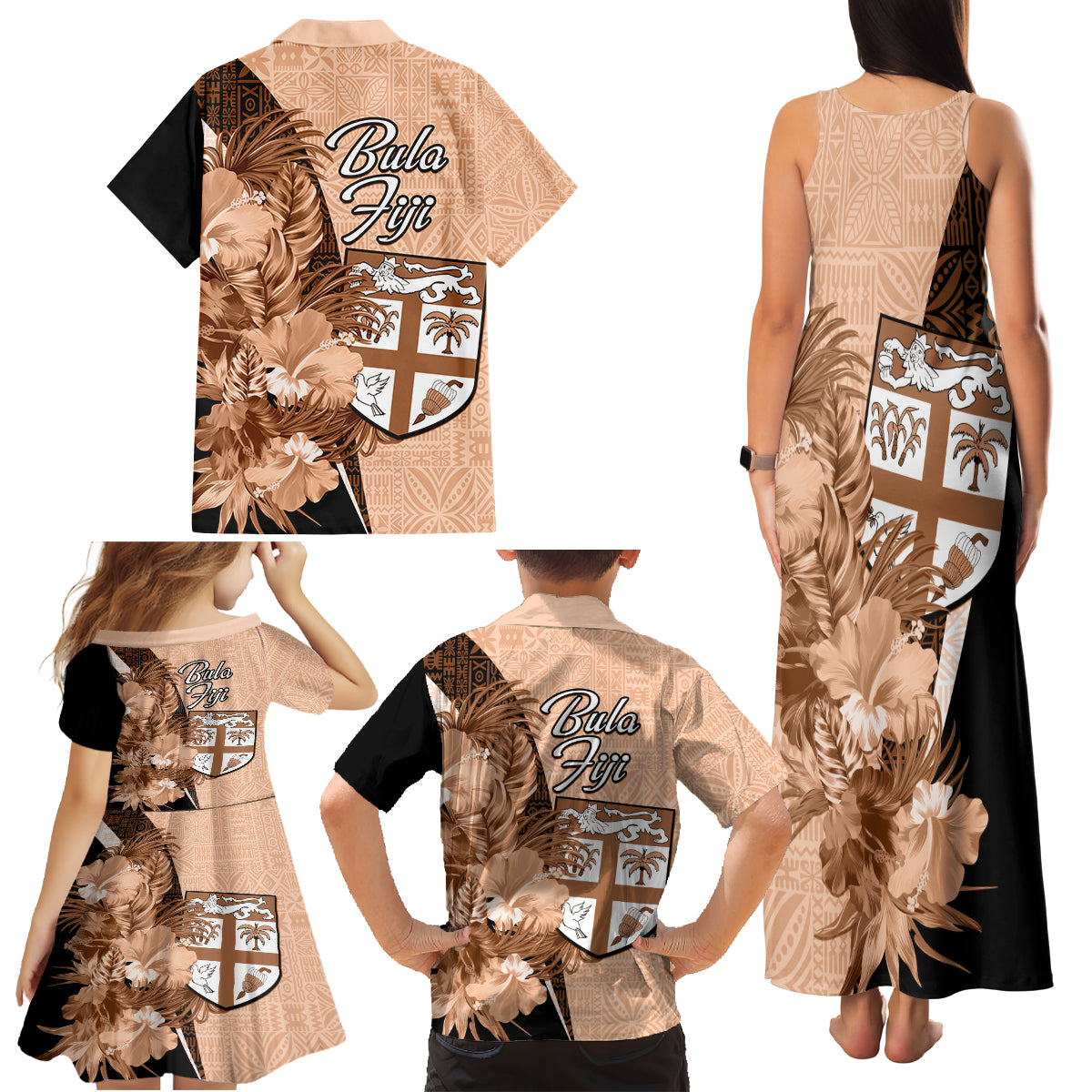 Bula Fiji Vintage Fijian Masi Pattern Family Matching Tank Maxi Dress and Hawaiian Shirt Peach Fuzz Unique LT9 - Polynesian Pride