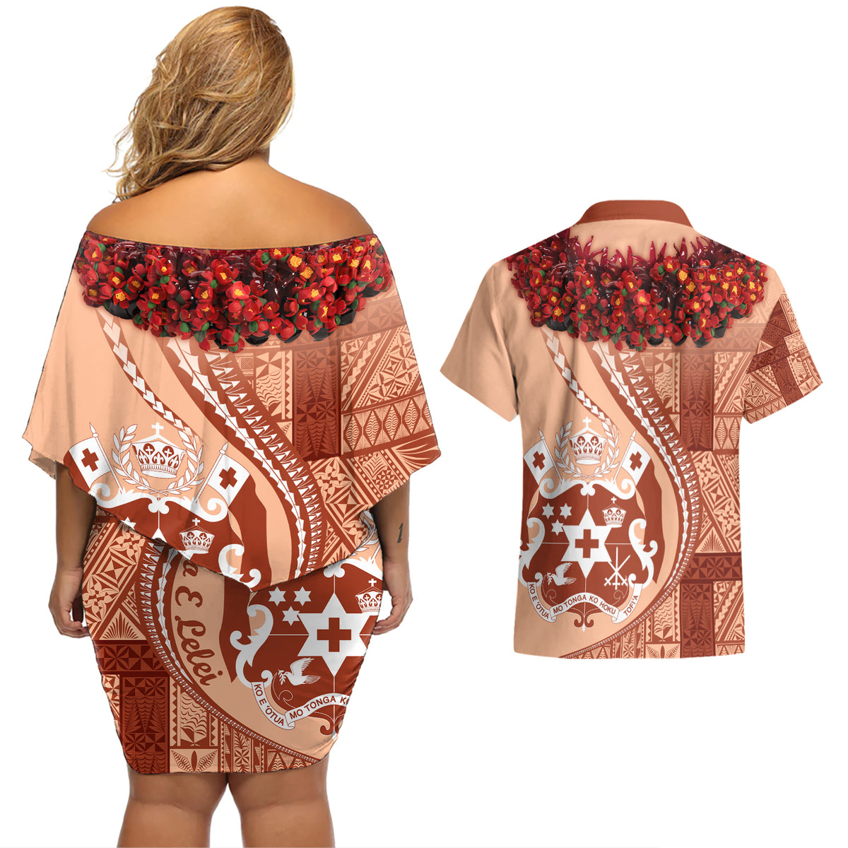 Vintage Tonga Kahoa Heilala Flower Couples Matching Off Shoulder Short Dress and Hawaiian Shirt LT9 - Polynesian Pride