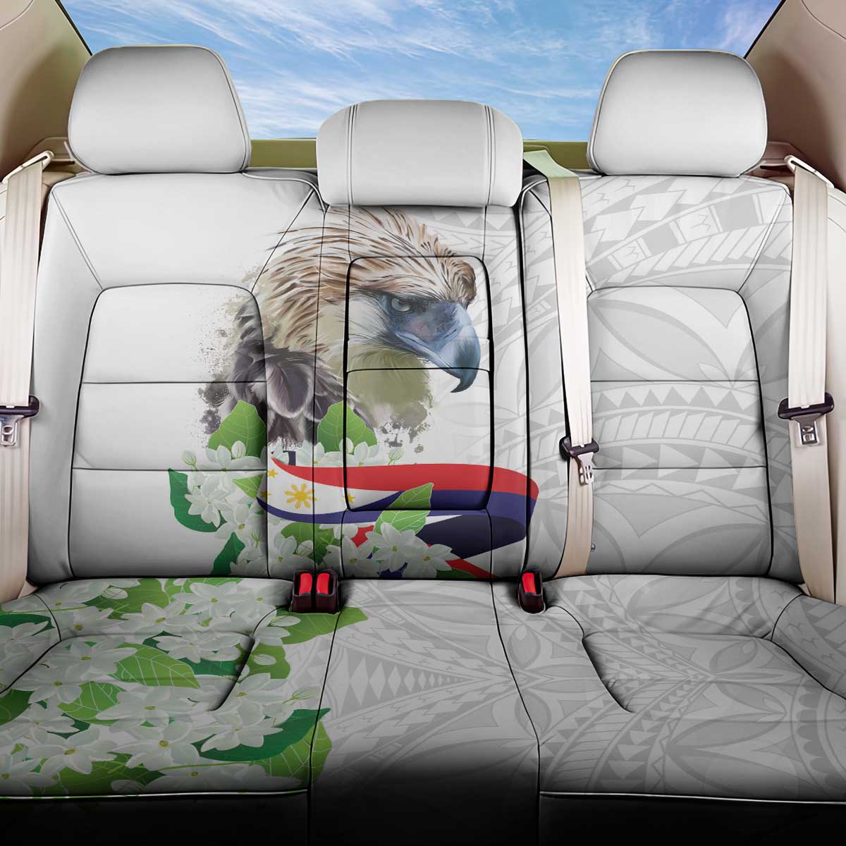 Philippines Eagle and Sampaguita Flowers Back Car Seat Cover Polynesian Pattern