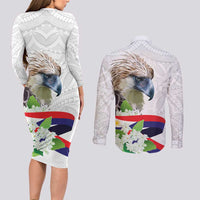 Philippines Eagle and Sampaguita Flowers Couples Matching Long Sleeve Bodycon Dress and Long Sleeve Button Shirt Polynesian Pattern