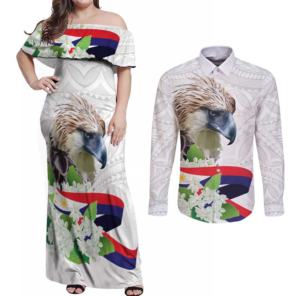 Philippines Eagle and Sampaguita Flowers Couples Matching Off Shoulder Maxi Dress and Long Sleeve Button Shirt Polynesian Pattern