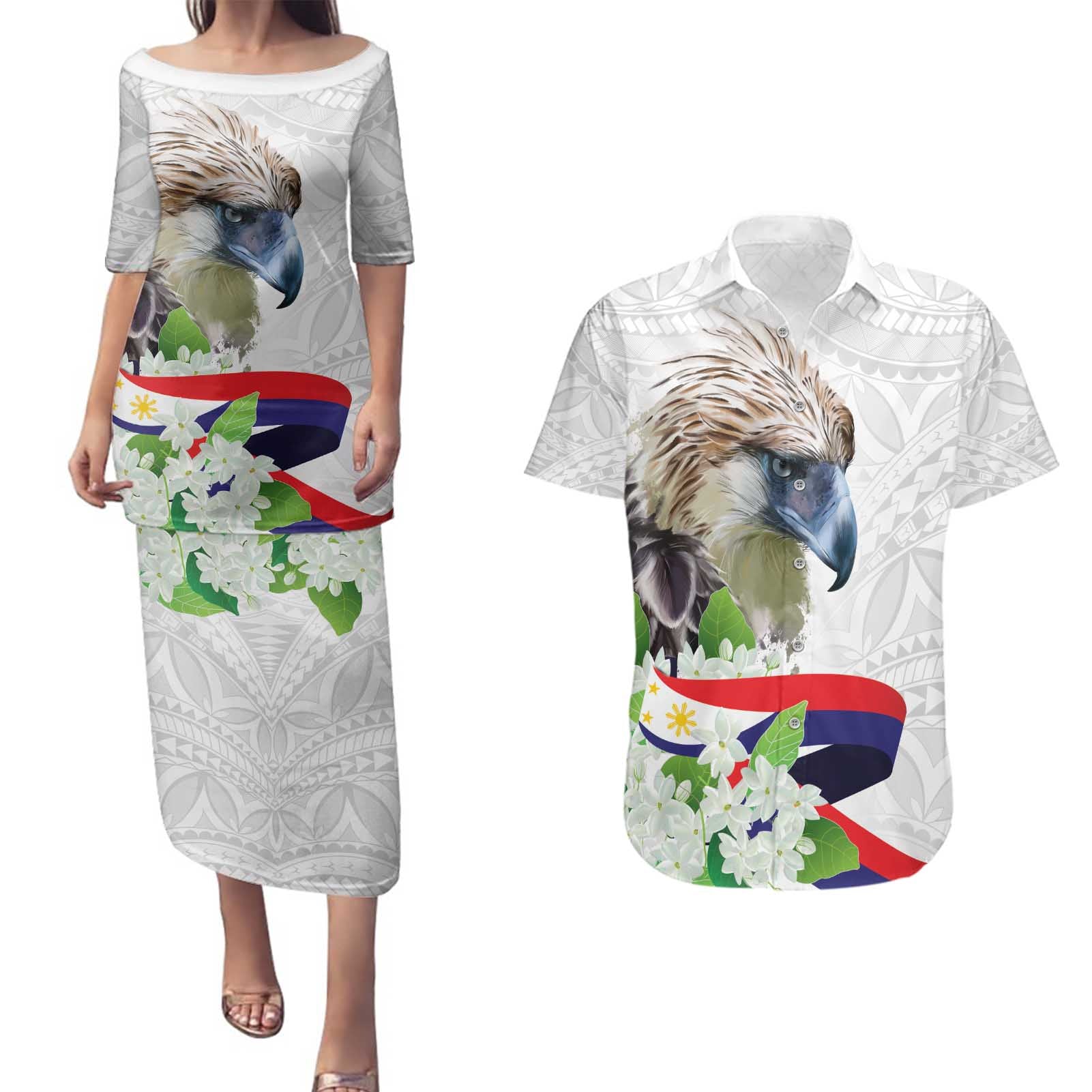 Philippines Eagle and Sampaguita Flowers Couples Matching Puletasi and Hawaiian Shirt Polynesian Pattern