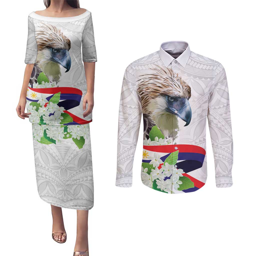 Philippines Eagle and Sampaguita Flowers Couples Matching Puletasi and Long Sleeve Button Shirt Polynesian Pattern