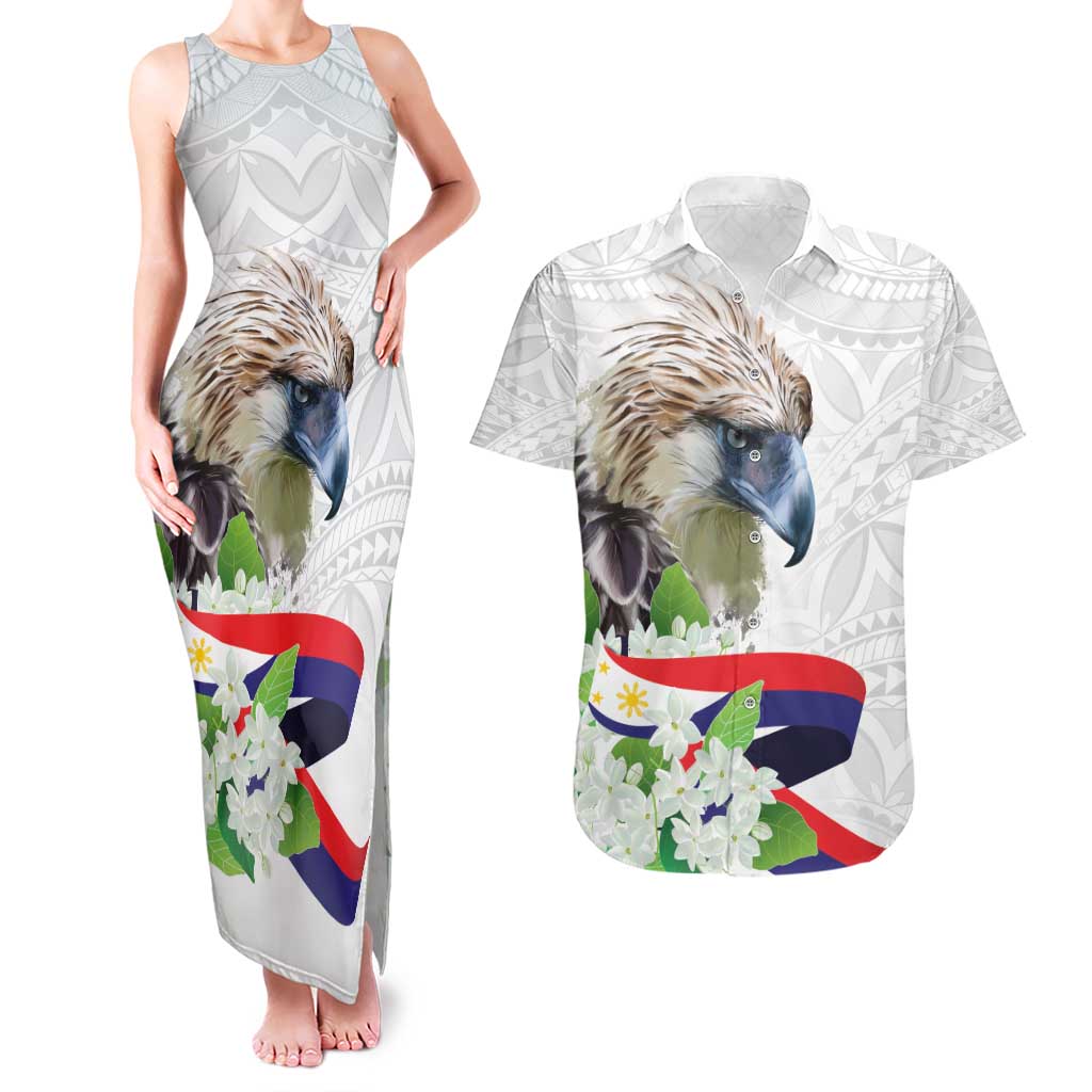 Philippines Eagle and Sampaguita Flowers Couples Matching Tank Maxi Dress and Hawaiian Shirt Polynesian Pattern