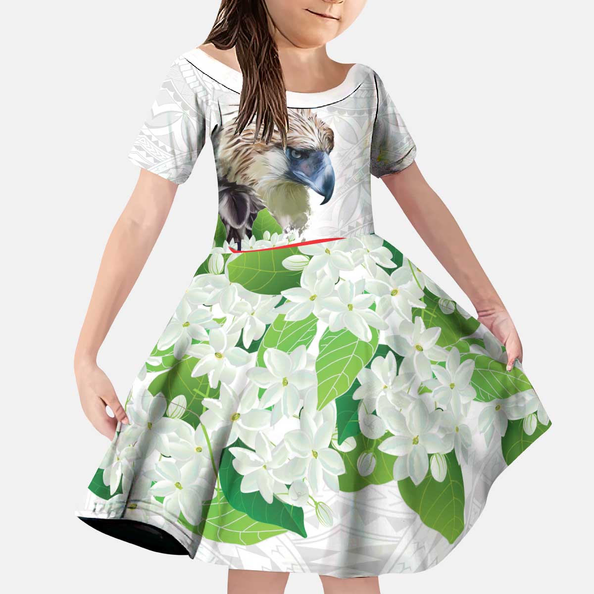 Philippines Eagle and Sampaguita Flowers Kid Short Sleeve Dress Polynesian Pattern