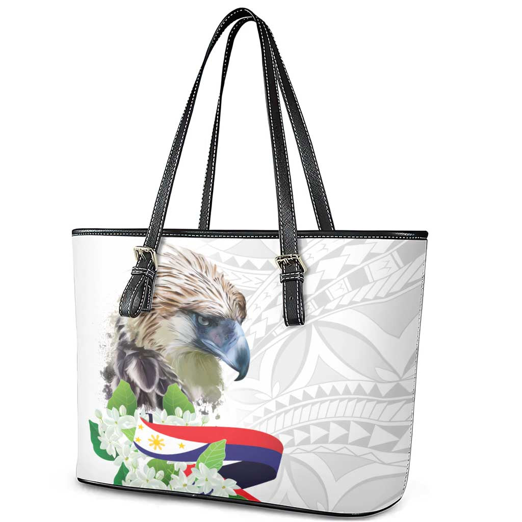 Philippines Eagle and Sampaguita Flowers Leather Tote Bag Polynesian Pattern