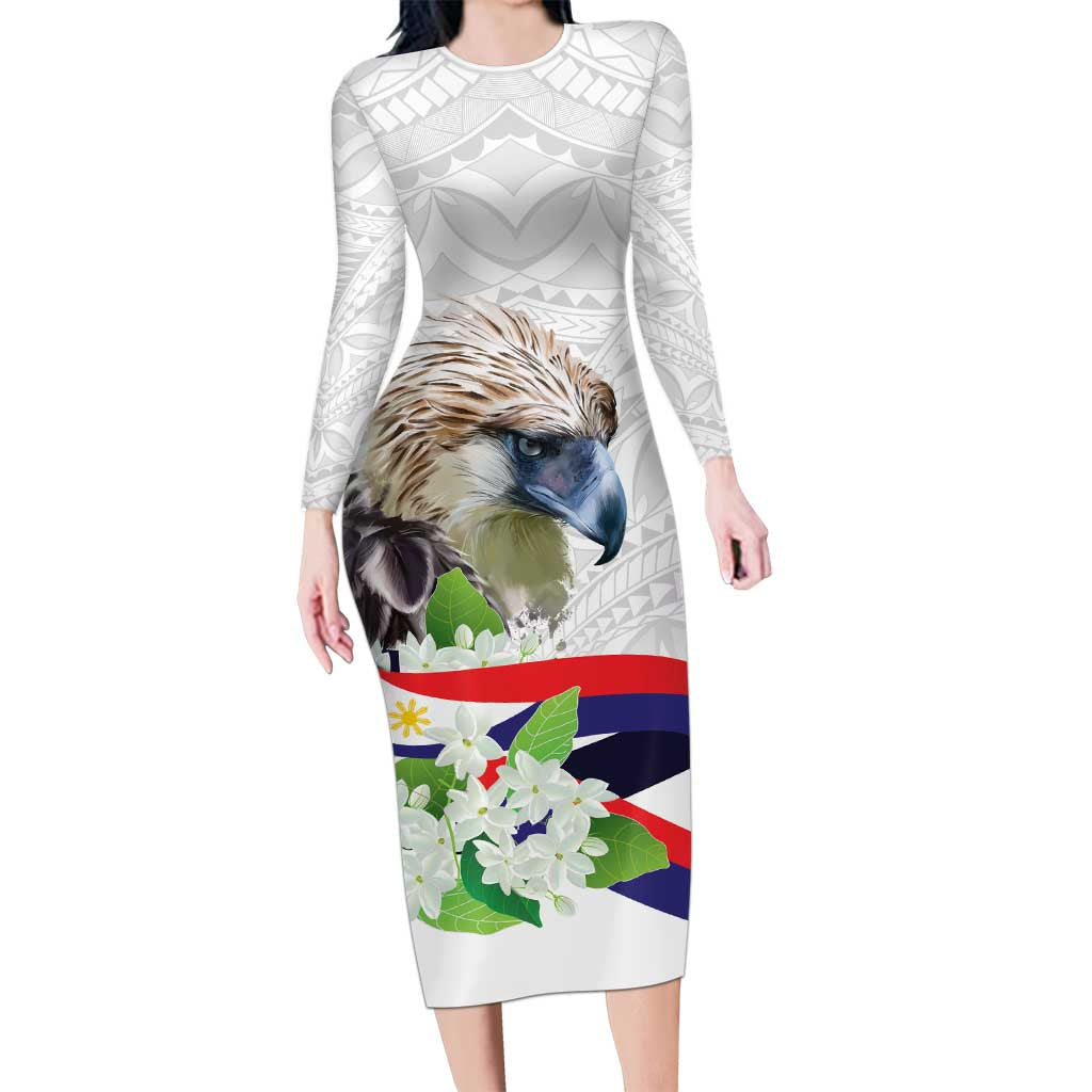 Philippines Eagle and Sampaguita Flowers Long Sleeve Bodycon Dress Polynesian Pattern LT9 Long Dress White - Polynesian Pride
