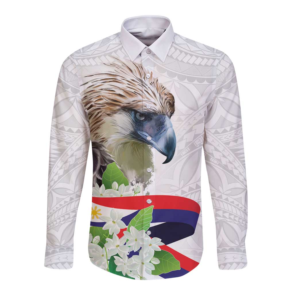 Philippines Eagle and Sampaguita Flowers Long Sleeve Button Shirt Polynesian Pattern